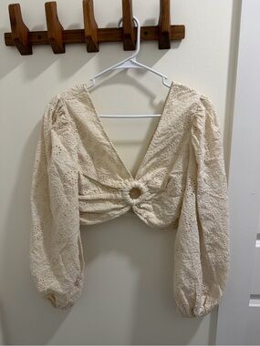 Jen's Pirate Booty Crochet Eyelet Ring-Front Long Sleeve Crop Top - Cream